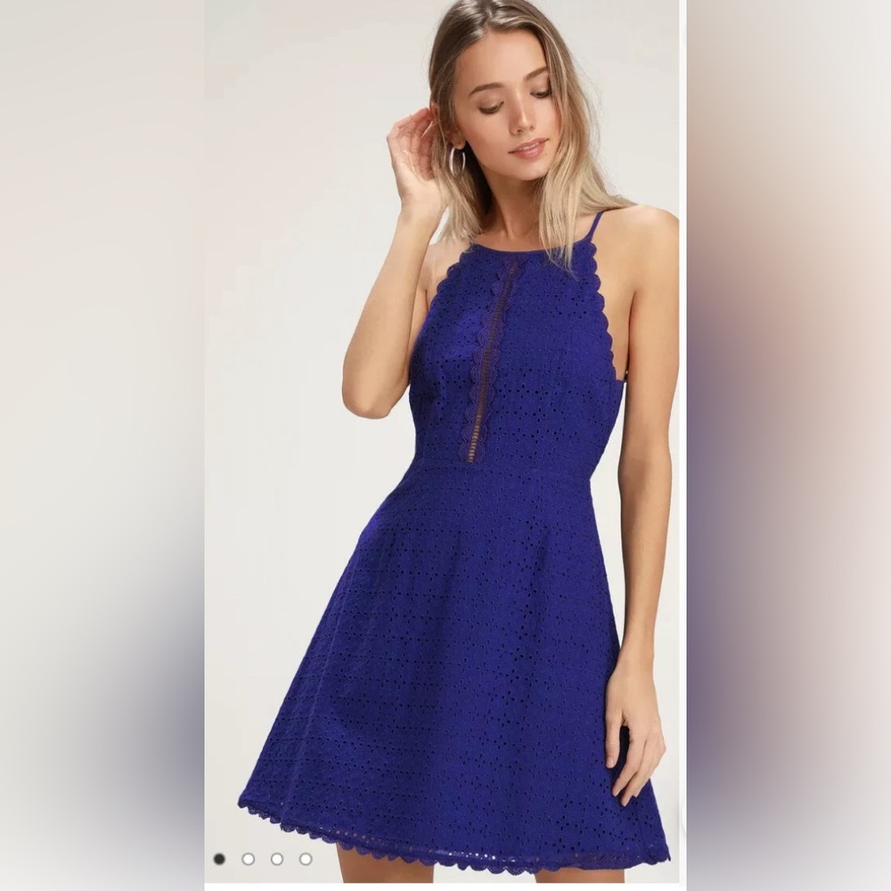 lulus royal blue eyelet mini halter dress